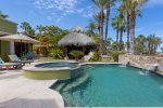 Great outdoor entertaining area with heated jacuzzi, outdoor grill, shaded palapa with ocean views
